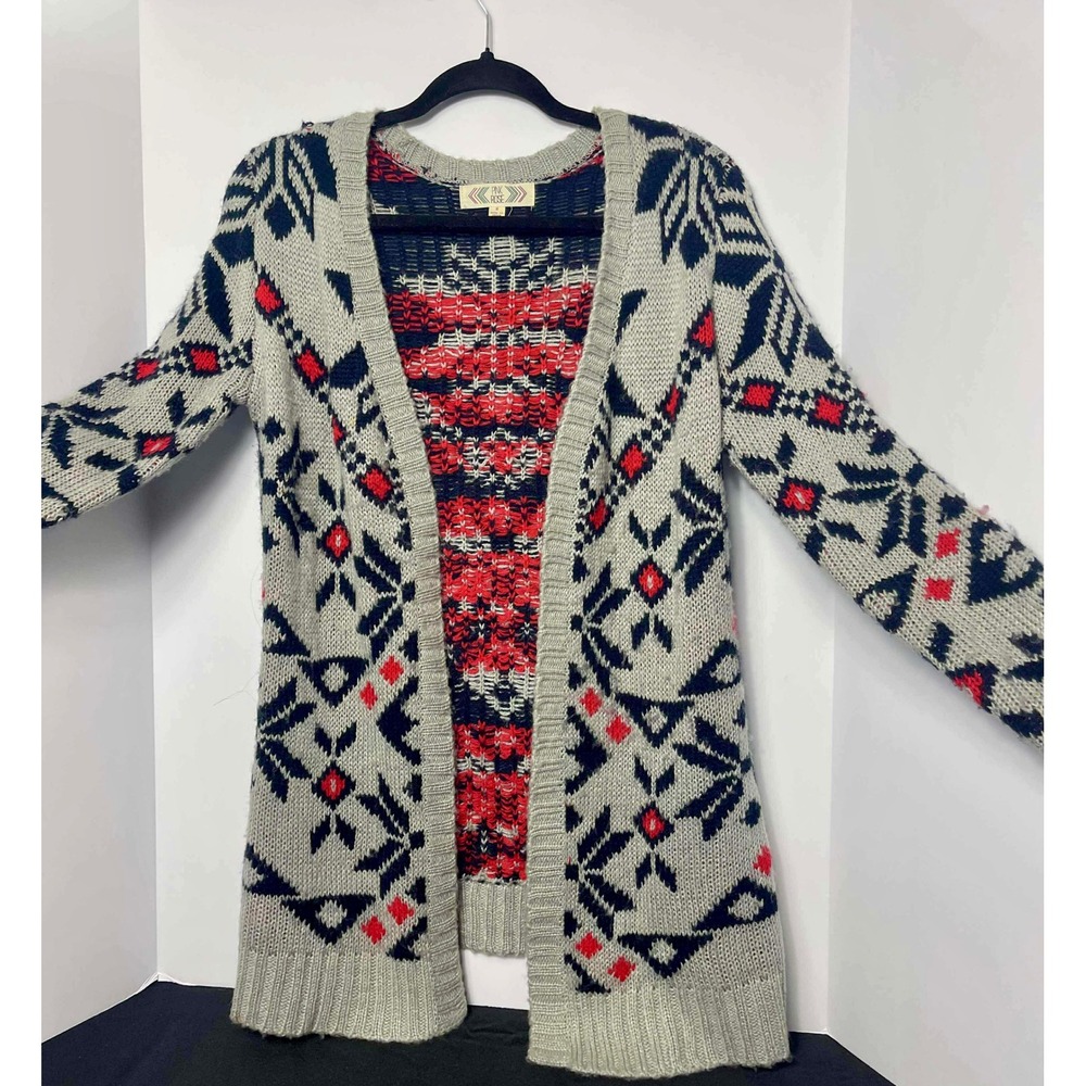 Pink Rose Aztec Cardigan‎ Sweater Women's Small Open Front Southwestern Knit